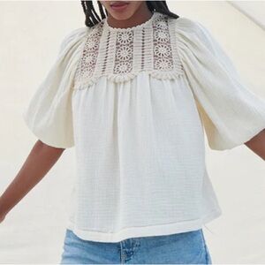 Saylor Nakai Blouse Boho Cream Crochet Peasant Top Cottage Prairie Gauze Large